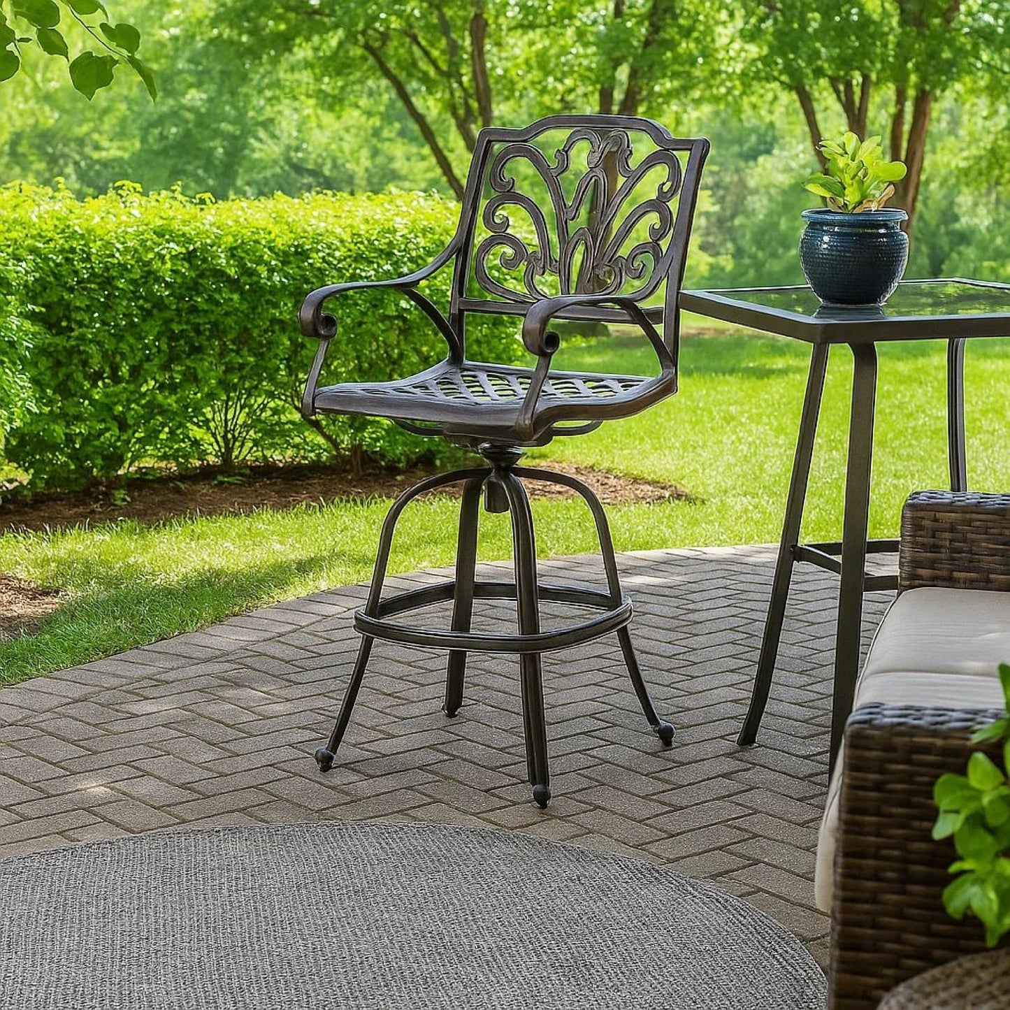 Outdoor Swivel Bar Height Chair, Ornate Bronze Aluminum Flared Base