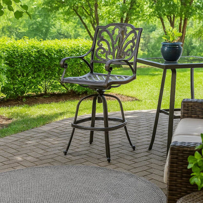 Outdoor Swivel Bar Height Chair, Ornate Bronze Aluminum Flared Base