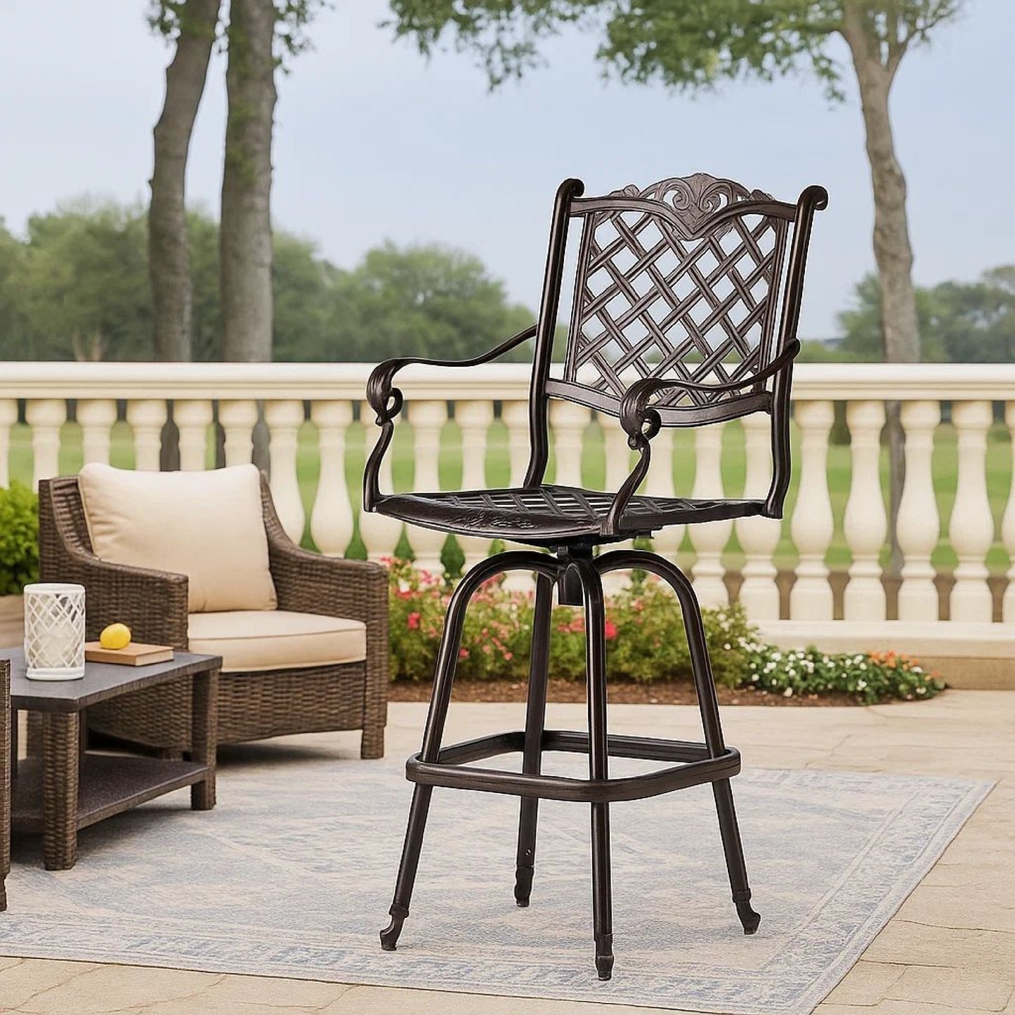 Outdoor Swivel Bar Height Chair, Ornate Bronze Aluminum Flared Base