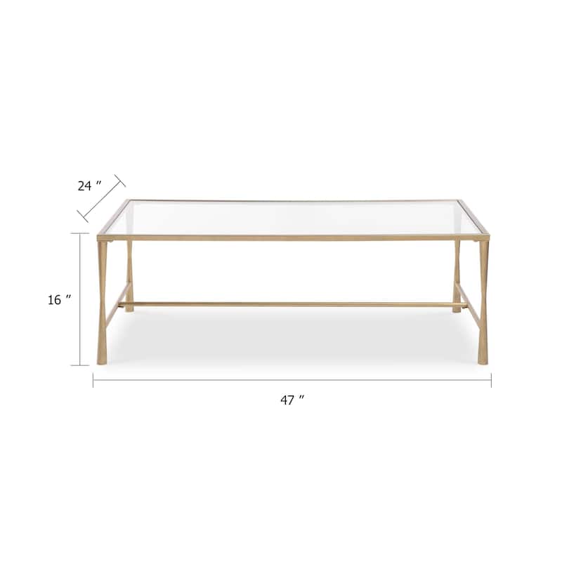 Ova Coffee Table, 47 Inch Rectangular Glass Top, Antique Gold Iron