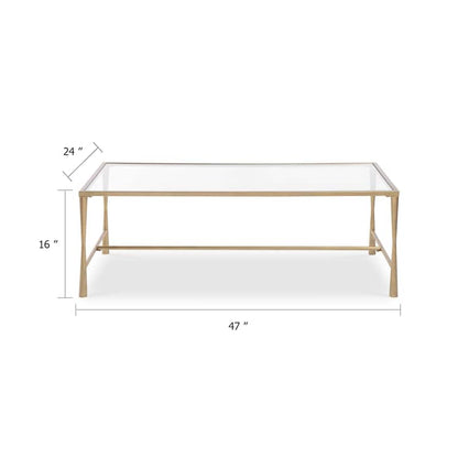 Ova Coffee Table, 47 Inch Rectangular Glass Top, Antique Gold Iron