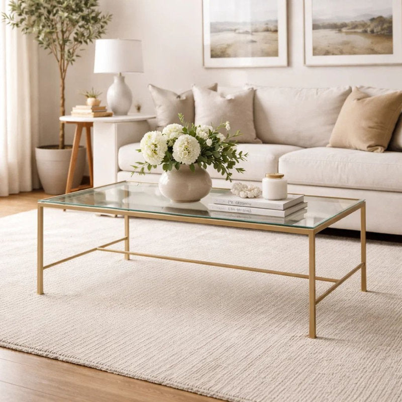 Ova Coffee Table, 47 Inch Rectangular Glass Top, Antique Gold Iron