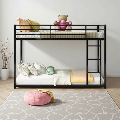 Ovi 78 Inch Bunk Bed, Mounted Ladder, Ground Level Platform Bed – Black