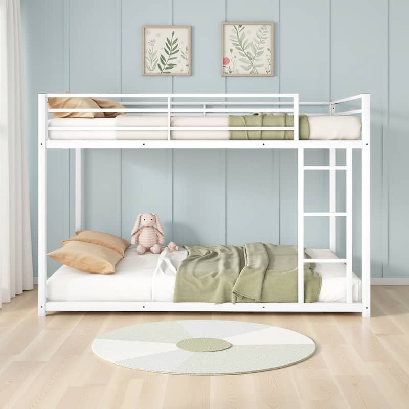 Ovi 78 Inch Twin Bunk Bed, Mounted Ladder, Ground Level Platform Bed, White