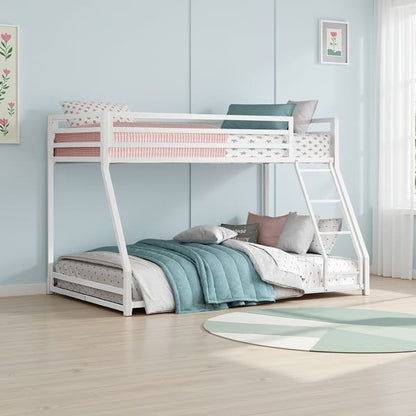 Ovi 78 Inch Twin over Full Bunk Bed, Ladder, Ground Level Bed, White Metal