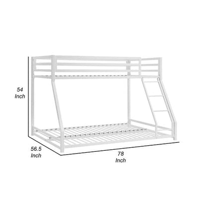 Ovi 78 Inch Twin over Full Bunk Bed, Ladder, Ground Level Bed, White Metal