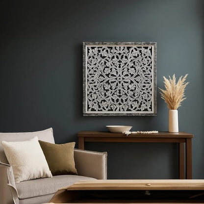 Ozy Carved Mango Wood Wall Decor| 36 Inch Square I Handcrafted Distressed Black & White