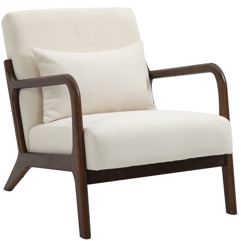 Accent Armchair, Brown Solid Wood Armrests, 31 Inch, Cream Fabric Seat