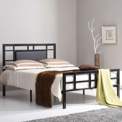 Full Modern Classic Metal Platform Bed Frame with Black Upholstered Headboard