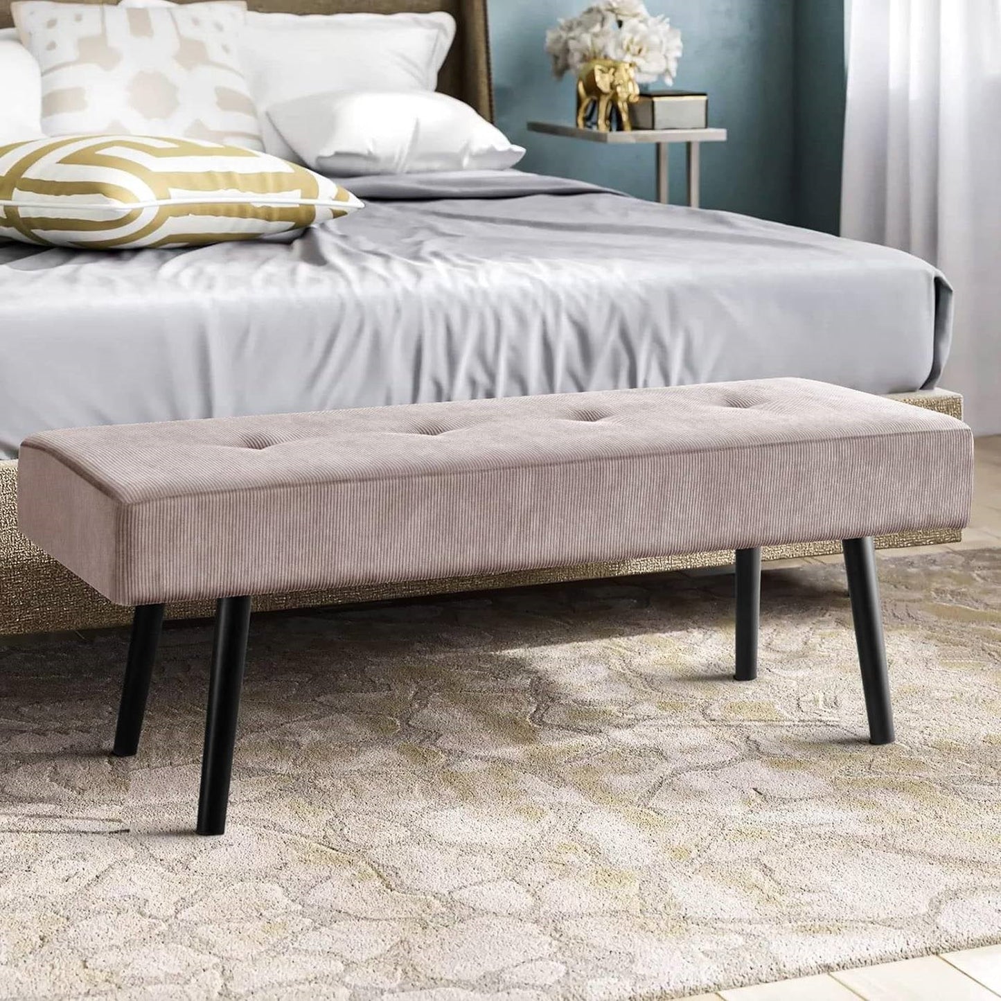 Mid-Century Pink Corduroy Upholstered End of Bed Bench with Black Metal Legs — Chic Home-Decor