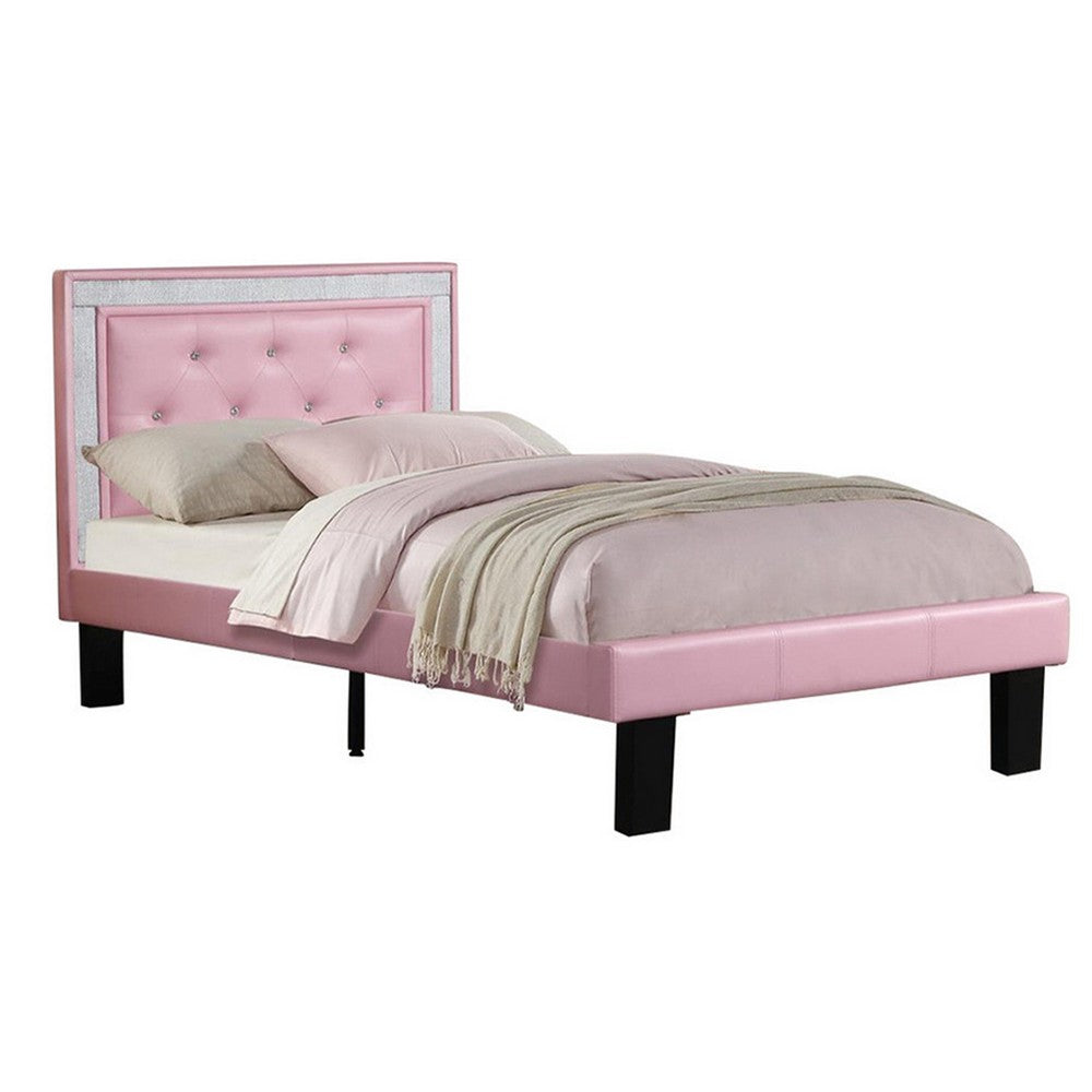 Silky And Sheeny Wooden Full Bed With Pink PU Tufted Head Board, Pink Finish