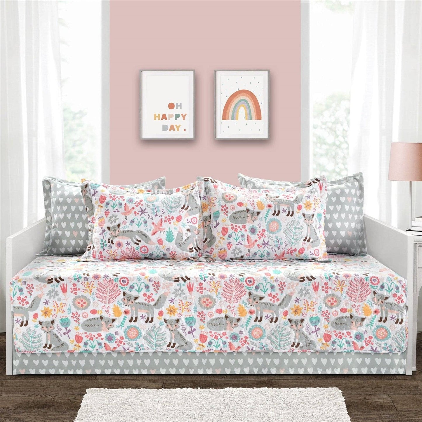 Pink Teal Orange Grey 6 Piece Floral Foxes Daybed Cover Bedding Set — Chic Home-Decor