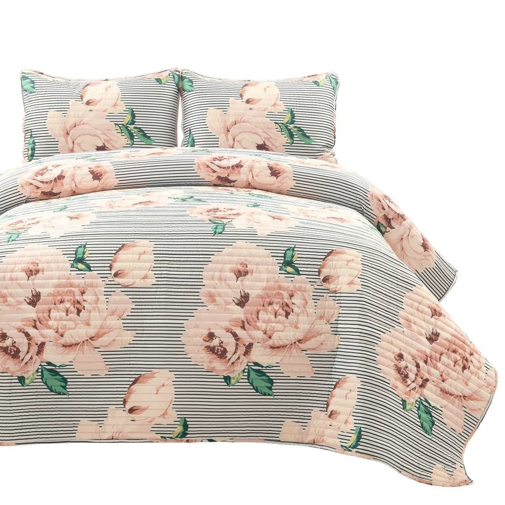 King Size Polyester Black White Striped Rose Floral 3 Piece Quilt Set — Chic Home-Decor