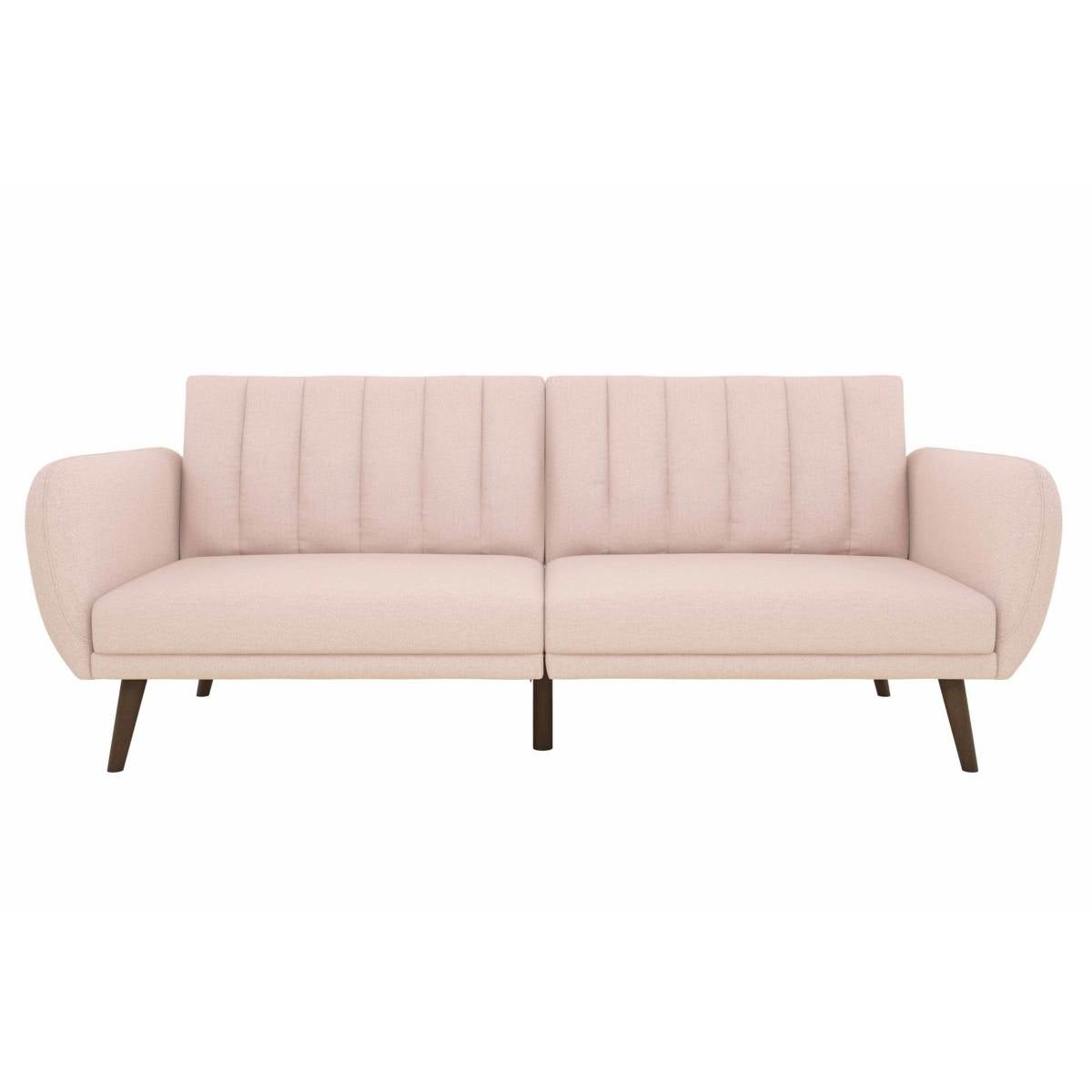 Pink Linen Futon Sofa Bed with Modern Mid-Century Style Wooden Legs