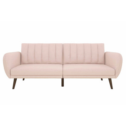 Pink Linen Futon Sofa Bed with Modern Mid-Century Style Wooden Legs