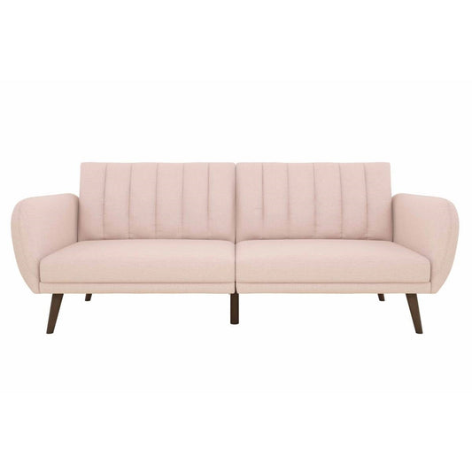 Pink Linen Futon Sofa Bed with Modern Mid-Century Style Wooden Legs