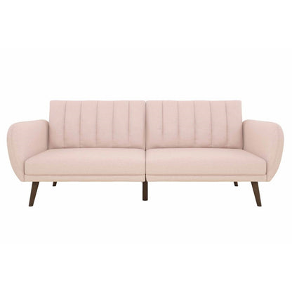 Linen Futon Sofa Bed with Modern Mid-Century Style Wooden Legs – Pink