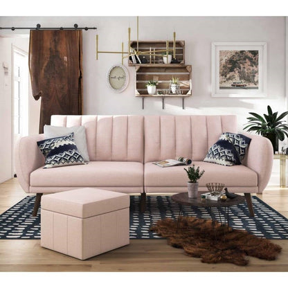Pink Linen Futon Sofa Bed with Modern Mid-Century Style Wooden Legs