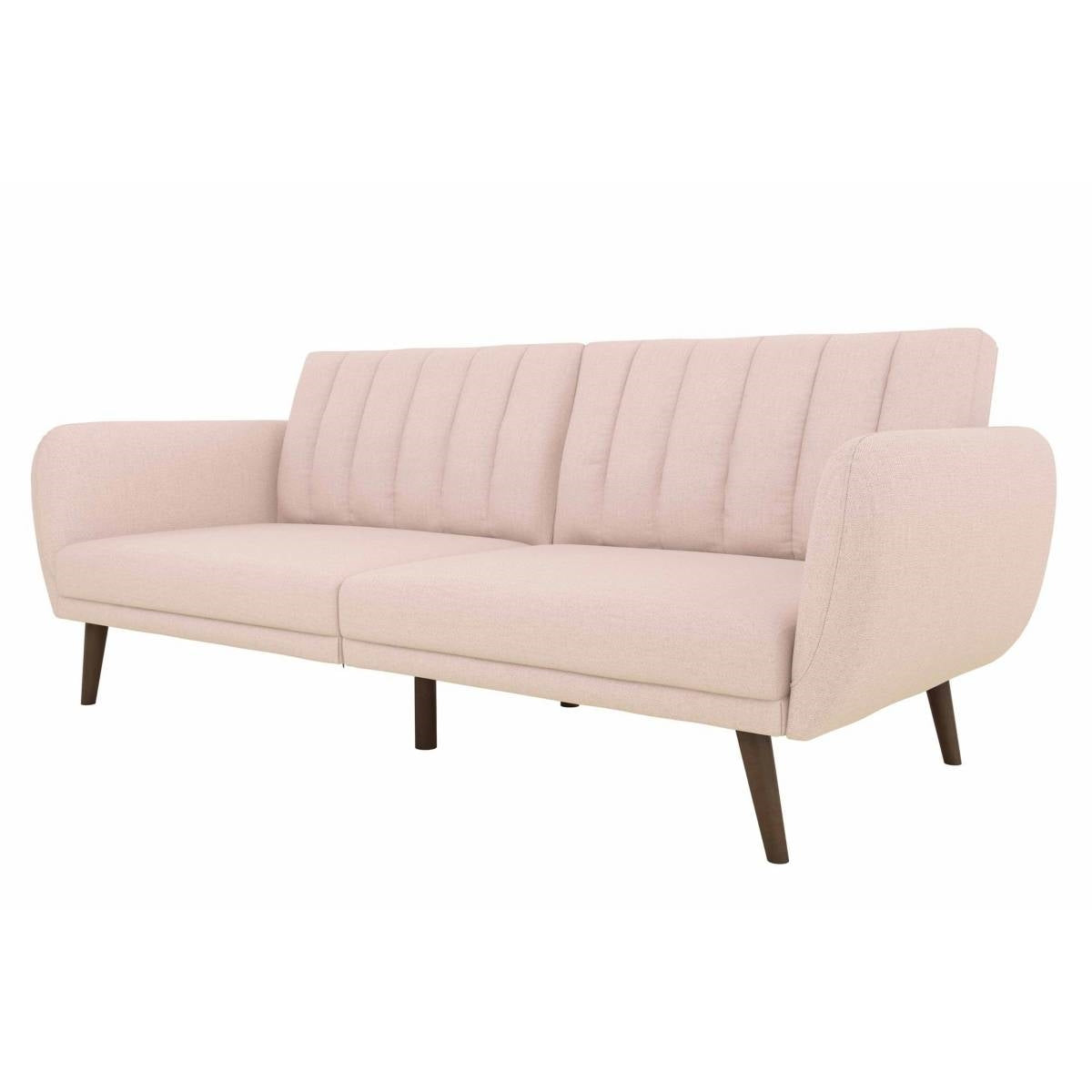 Pink Linen Futon Sofa Bed with Modern Mid-Century Style Wooden Legs