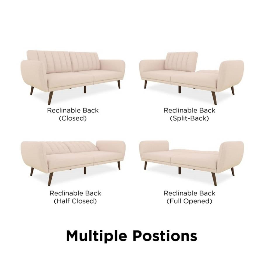 Pink Linen Futon Sofa Bed with Modern Mid-Century Style Wooden Legs