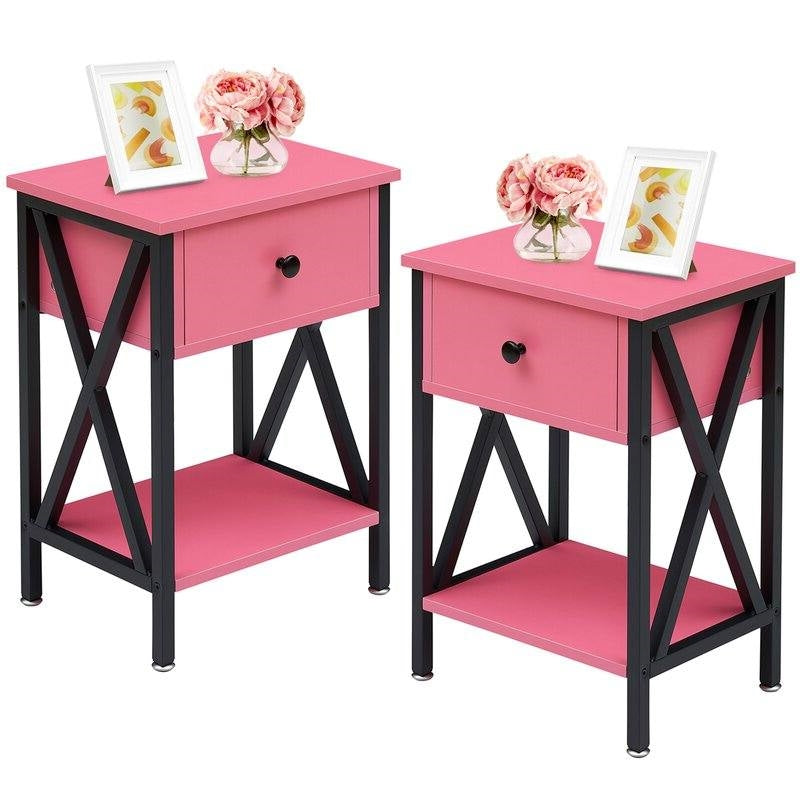 Set of 2 - 1-Drawer Nightstand Bedside Table in Pink and Black — Chic Home-Decor
