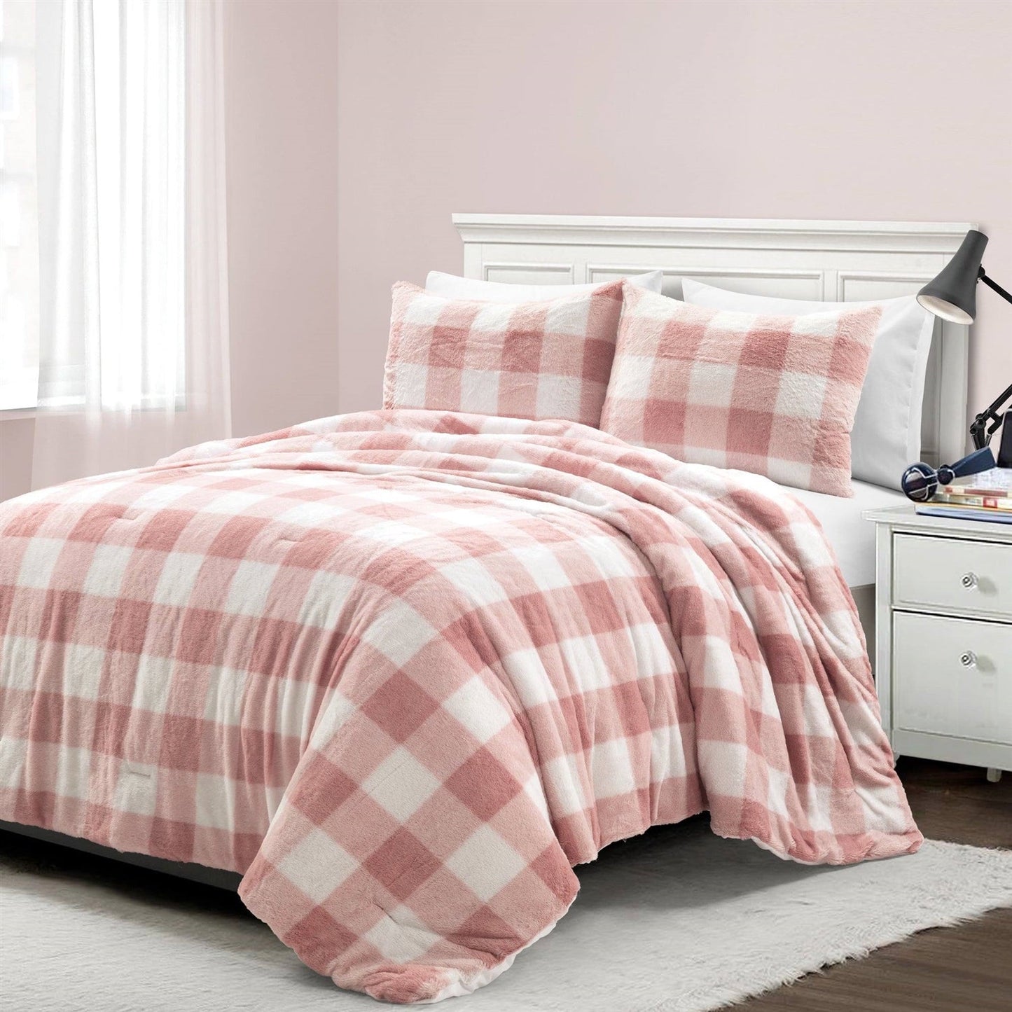 Twin Size Plaid Soft Faux Fur Comforter Set in Pink Blush — Chic Home-Decor