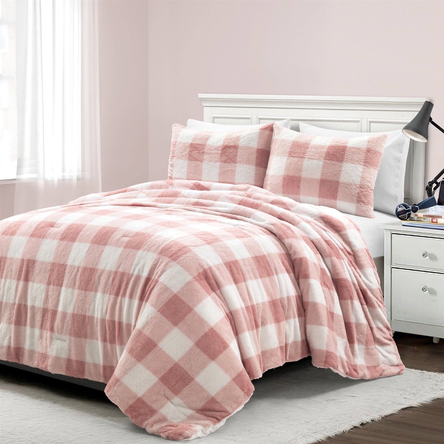 Twin Size Plaid Soft Faux Fur Comforter Set in Pink Blush — Chic Home-Decor