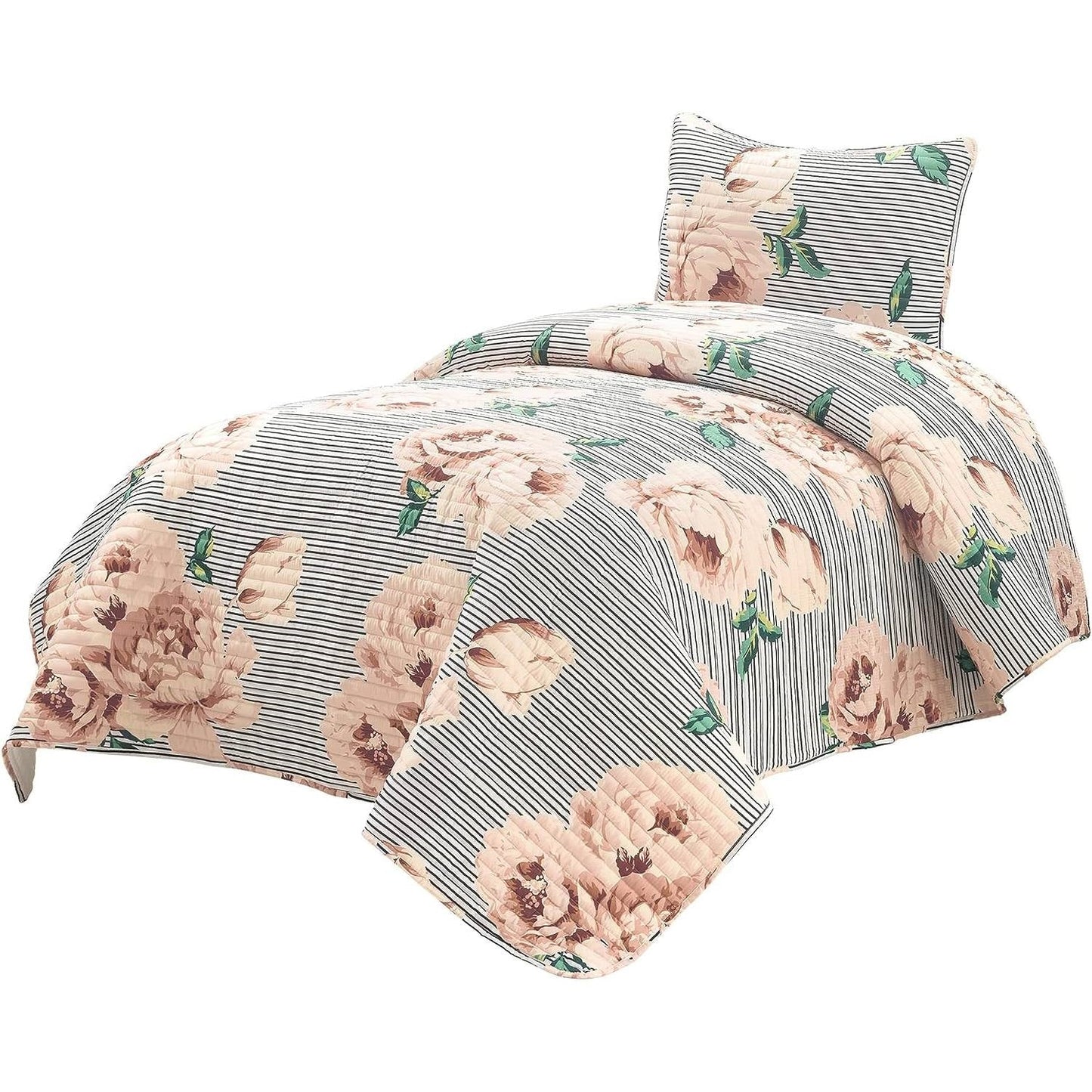 Twin/Twin XL Size Polyester Black White Striped Rose Floral 2 Piece Quilt Set — Chic Home-Decor