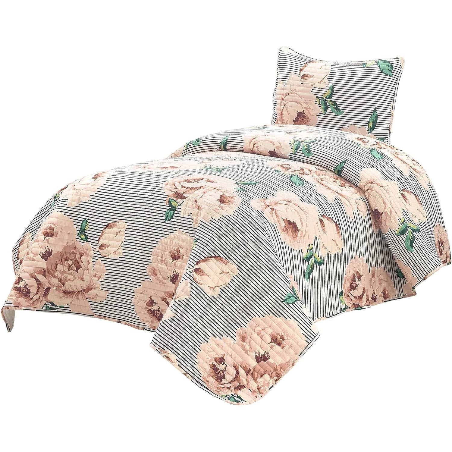 Twin/Twin XL Size Polyester Black White Striped Rose Floral 2 Piece Quilt Set — Chic Home-Decor