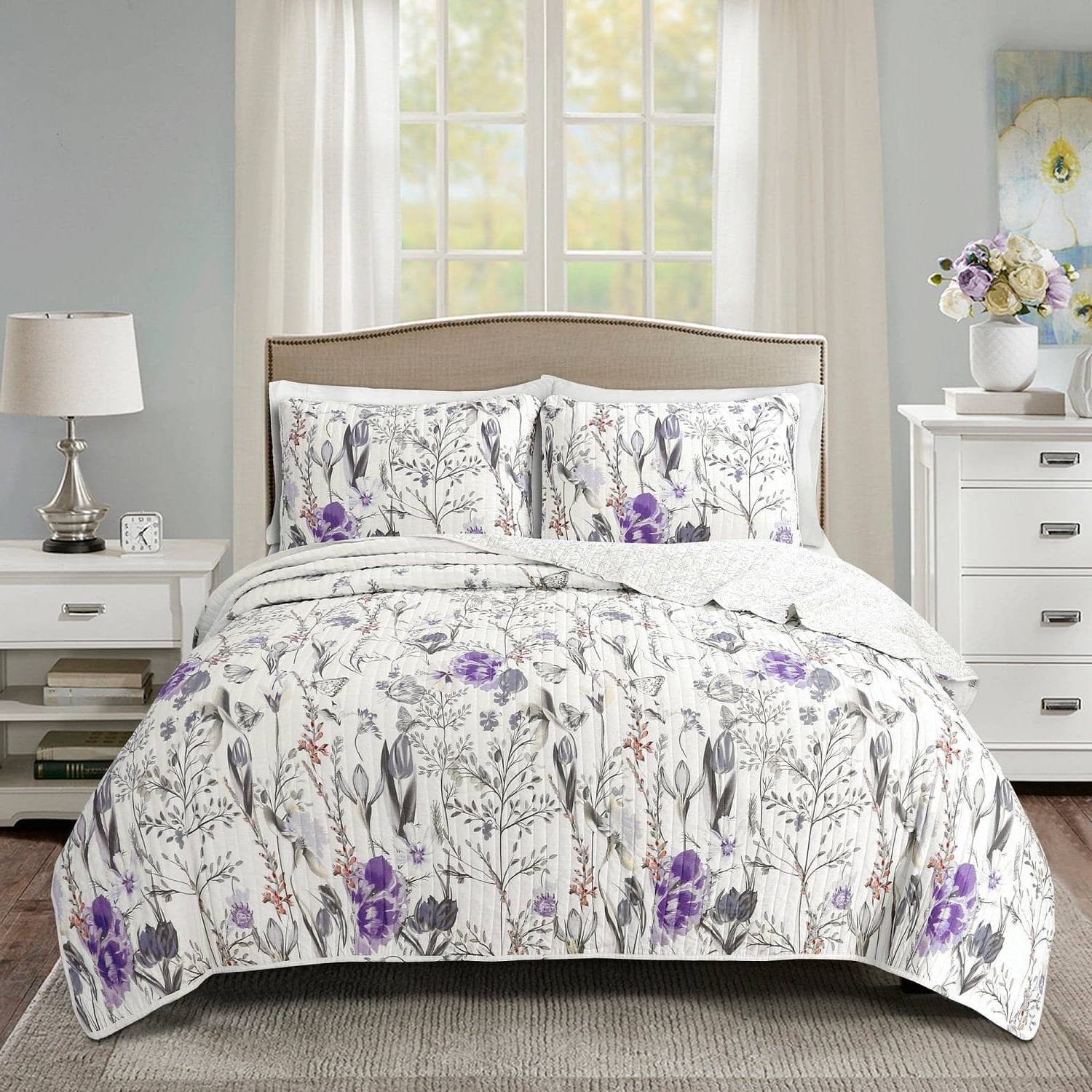 Full/Queen Size Lightweight Purple Grey White Floral Quilt Set — Chic Home-Decor