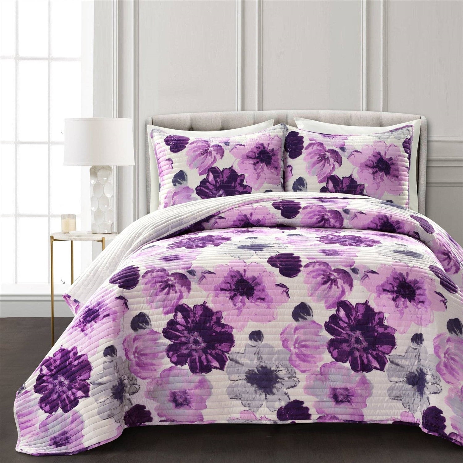 Full/Queen Purple Grey Flowers Lightweight Polyester Microfiber Quilt Set — Chic Home-Decor