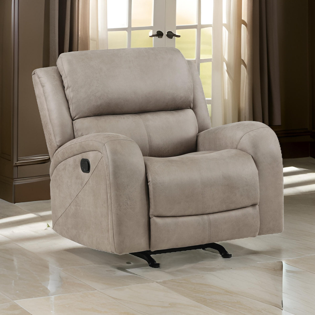 Clif 38 Inch Manual Glider Reclining Accent Chair, Blue Microfiber, Wood