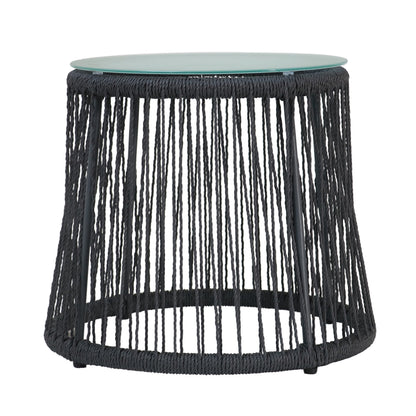 Penny Outdoor Side End Table, 19 Inch Glass Top, Black Rope Woven Base