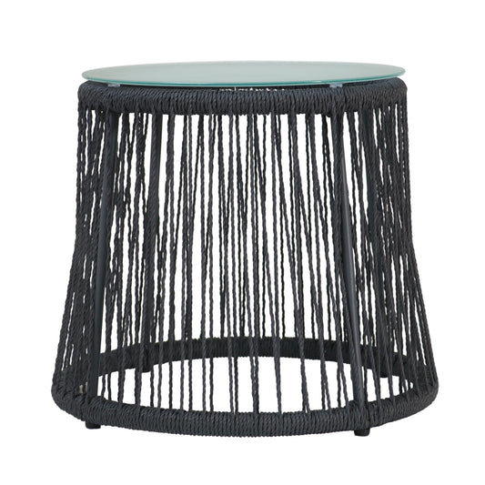 Penny Outdoor Side End Table, 19 Inch Glass Top, Black Rope Woven Base
