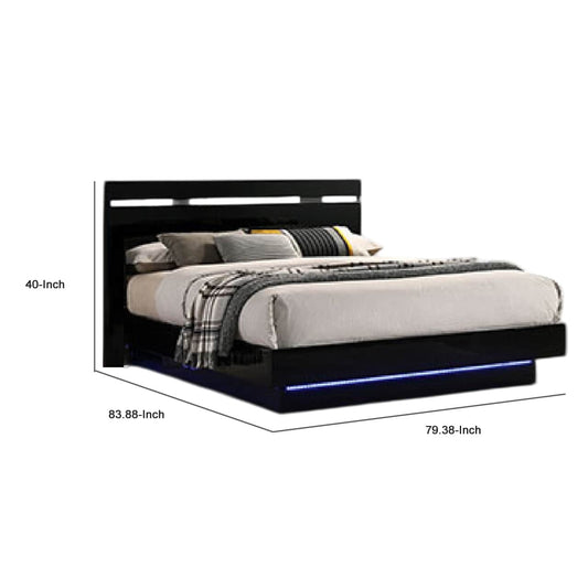 Pero King Size Bed w Silver Trimmed Headboard, LED Footboard, Black