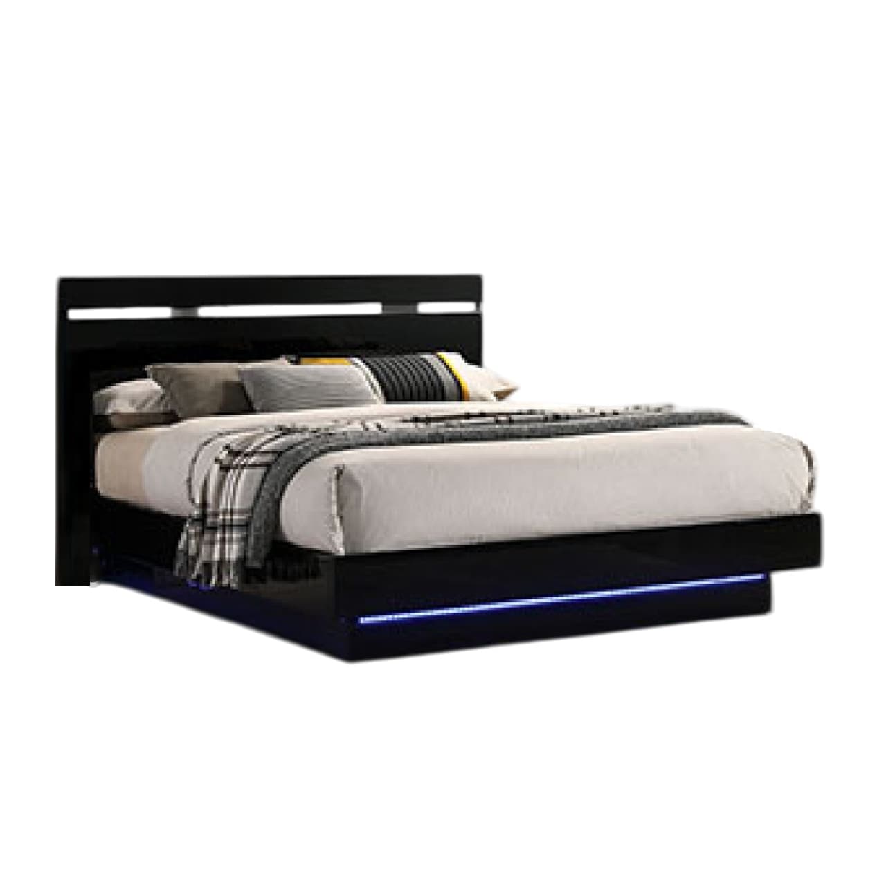 Pero King Size Bed w Silver Trimmed Headboard, LED Footboard, White