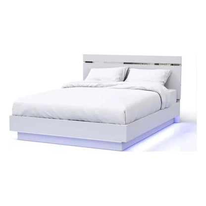 Pero Queen Size Bed, Chrome Accent Headboard, White LED Footboard