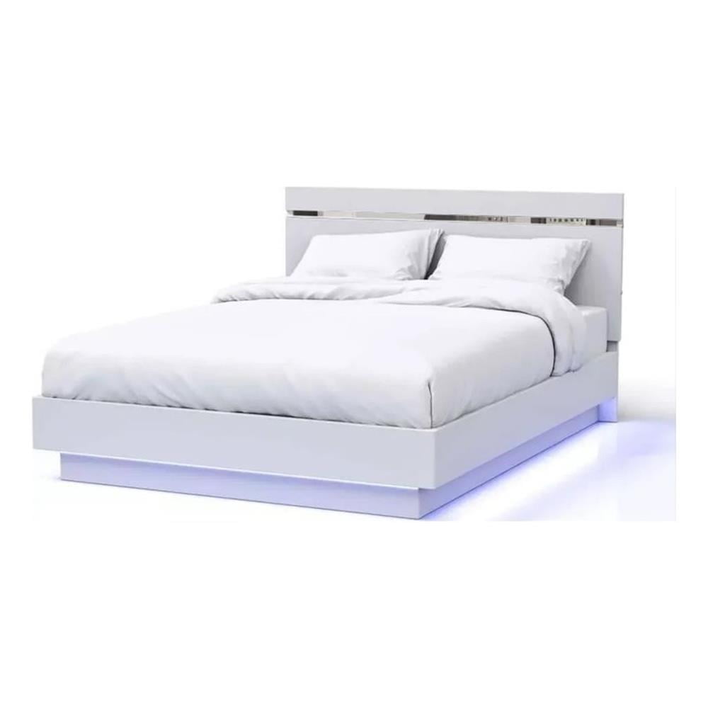 Pero Queen Size Bed, Chrome Accent Headboard, Black LED Footboard