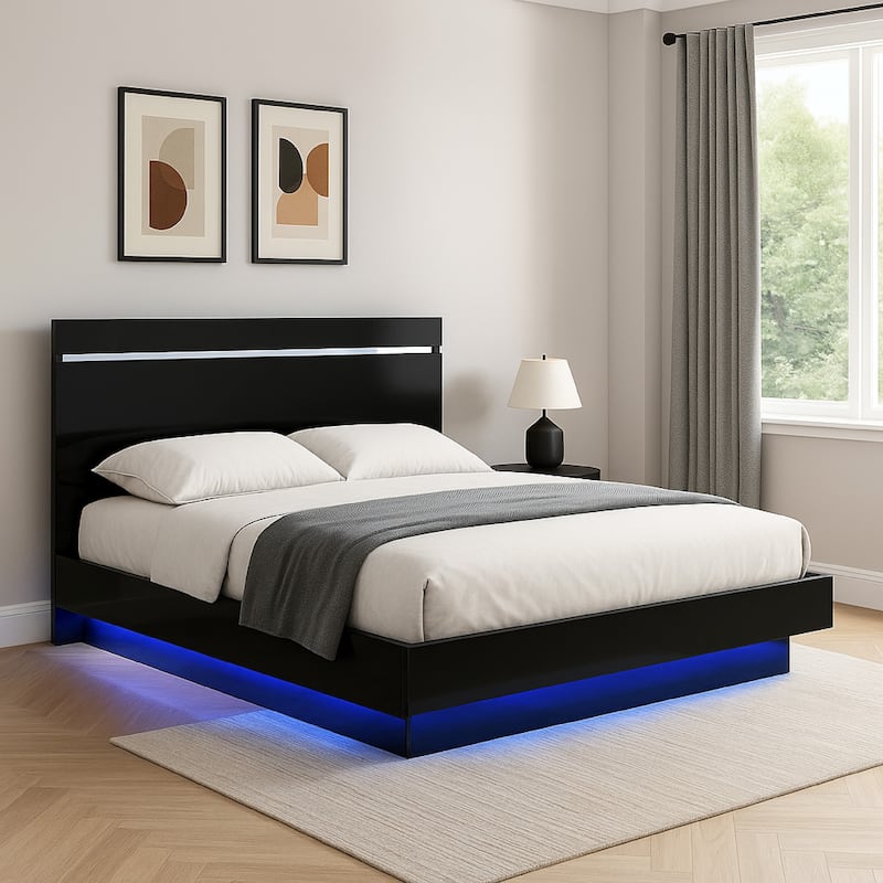 Pero Queen Size Bed, Chrome Accent Headboard, White LED Footboard