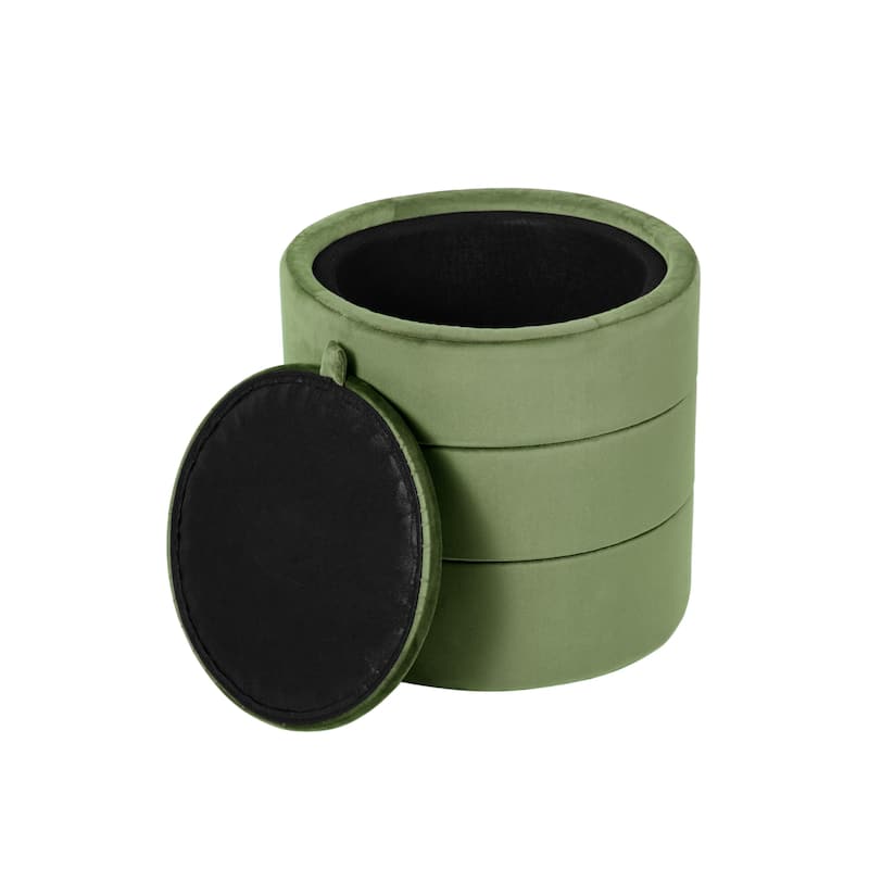 Pero Storage Ottoman, 18 Inch Round Removable Lid, Rich Green Velvet