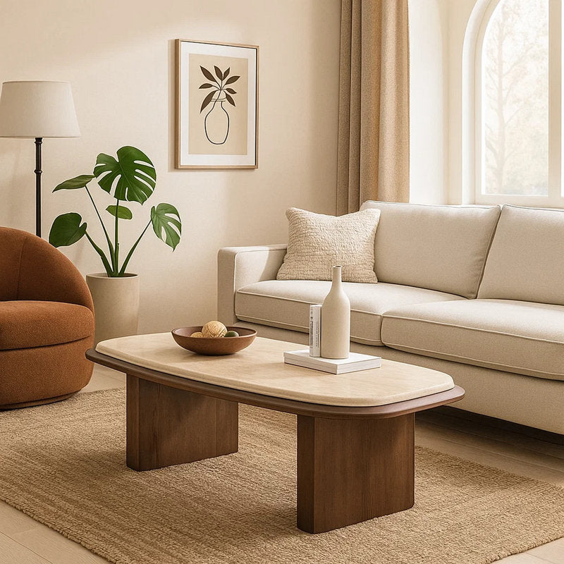 Pery Coffee Table, 51 Inch Beige Travertine Stone Top, Walnut Brown