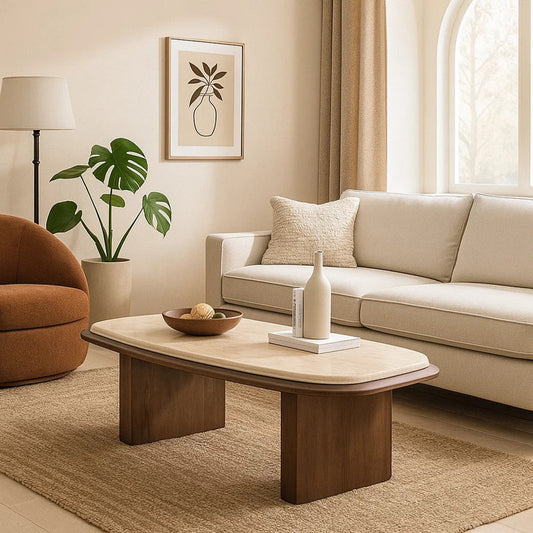 Pery Coffee Table, 51 Inch Beige Travertine Stone Top, Walnut Brown
