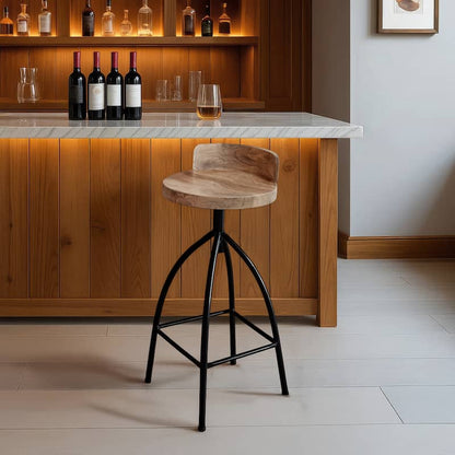Pia 32-35 Extra Tall Adjustable Barstool, Natural Brown Mango Wood Seat, Black Iron Frame