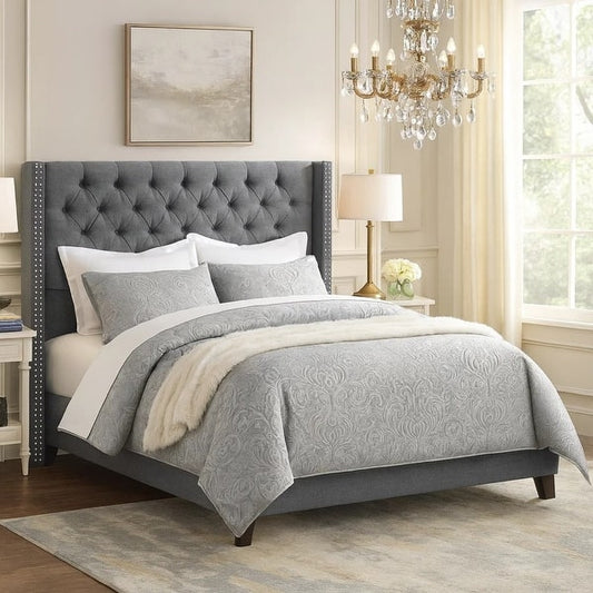 Polyfiber Upholstered Full Size Bed Featuring Nail head Trim Blue Gray
