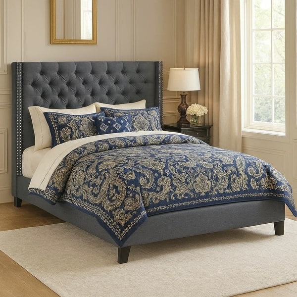 Polyfiber Upholstered Full Size Bed Featuring Nail head Trim Blue Gray