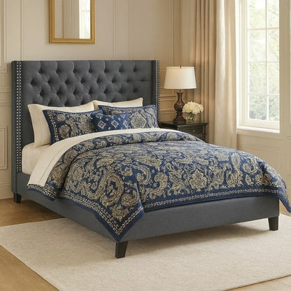 Polyfiber Upholstered Full Size Bed Featuring Nail head Trim Blue Gray