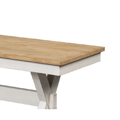 Pury Dining Bench, 48 Inch Light Brown Plank Seat, Antique White Base