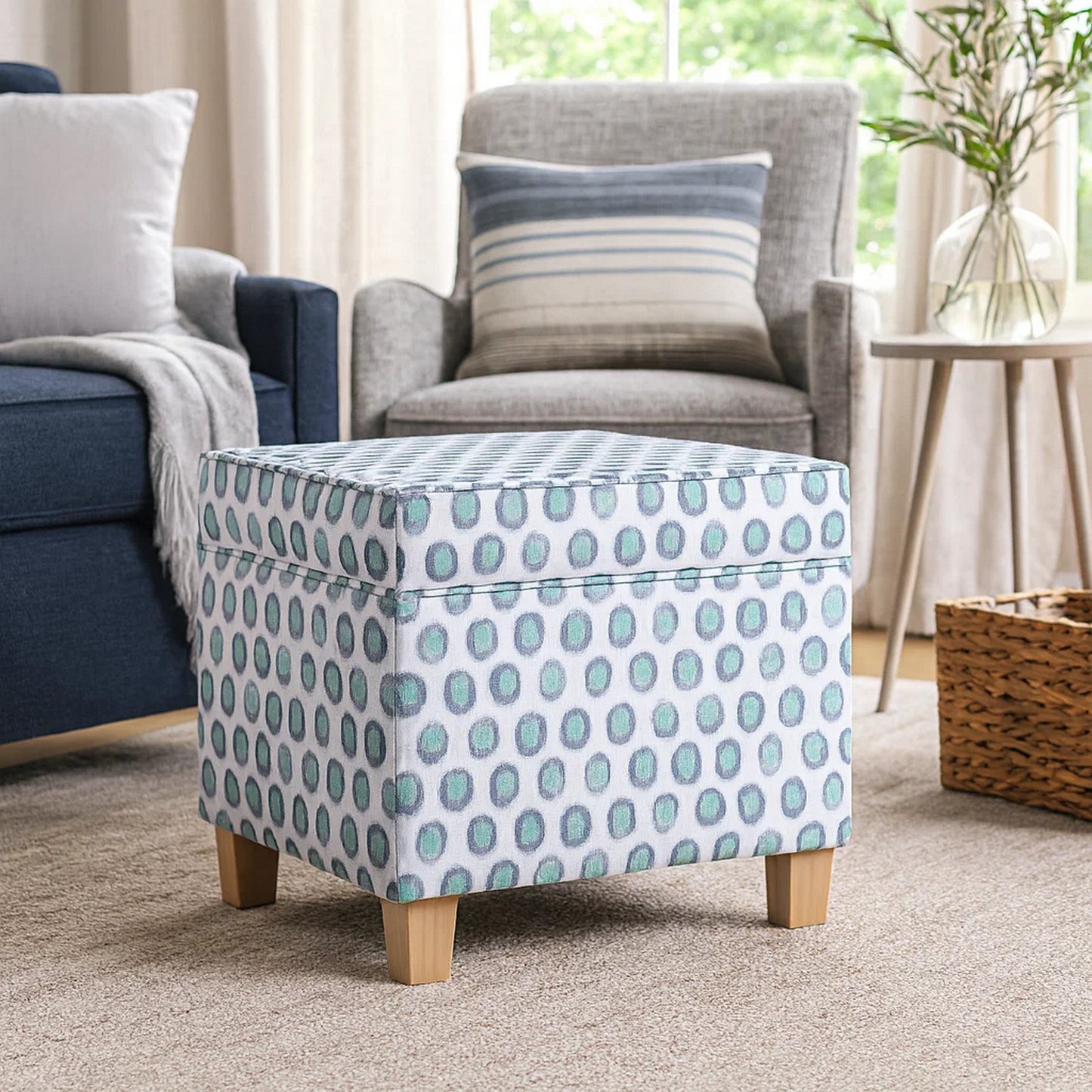 Pyp Square Storage Ottoman, 18 Inch Blue Green Pattern Print, Brown