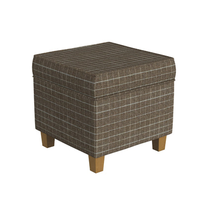 Pyp Square Storage Ottoman, 18 Inch Brown Windowpane Fabric, Wood Legs