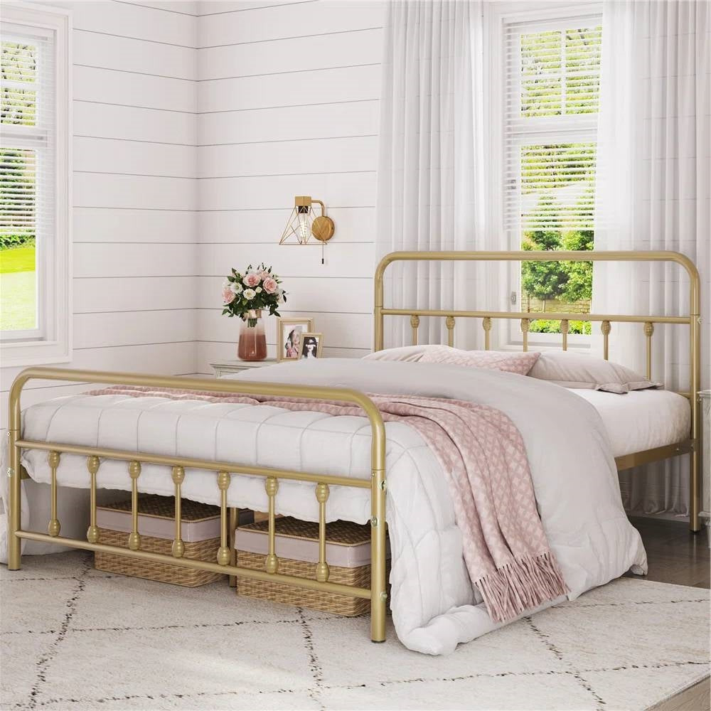 Queen Vintage Antique Gold Metal Platform Bed Frame with Headboard Footboard